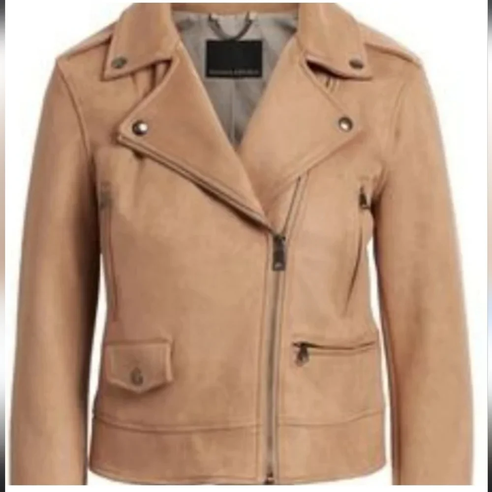 Banana Republic Camel Micro Faux Suede Moto Jacket Size Medium - Picture 3 of 8